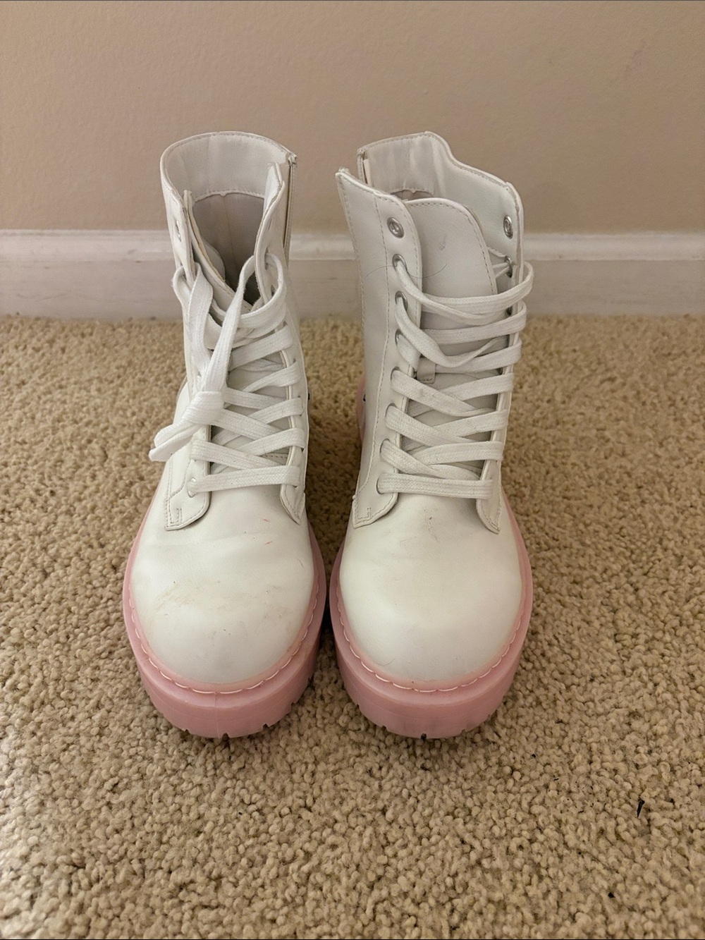 White Lace-Up Boots with Pink Platform Sole